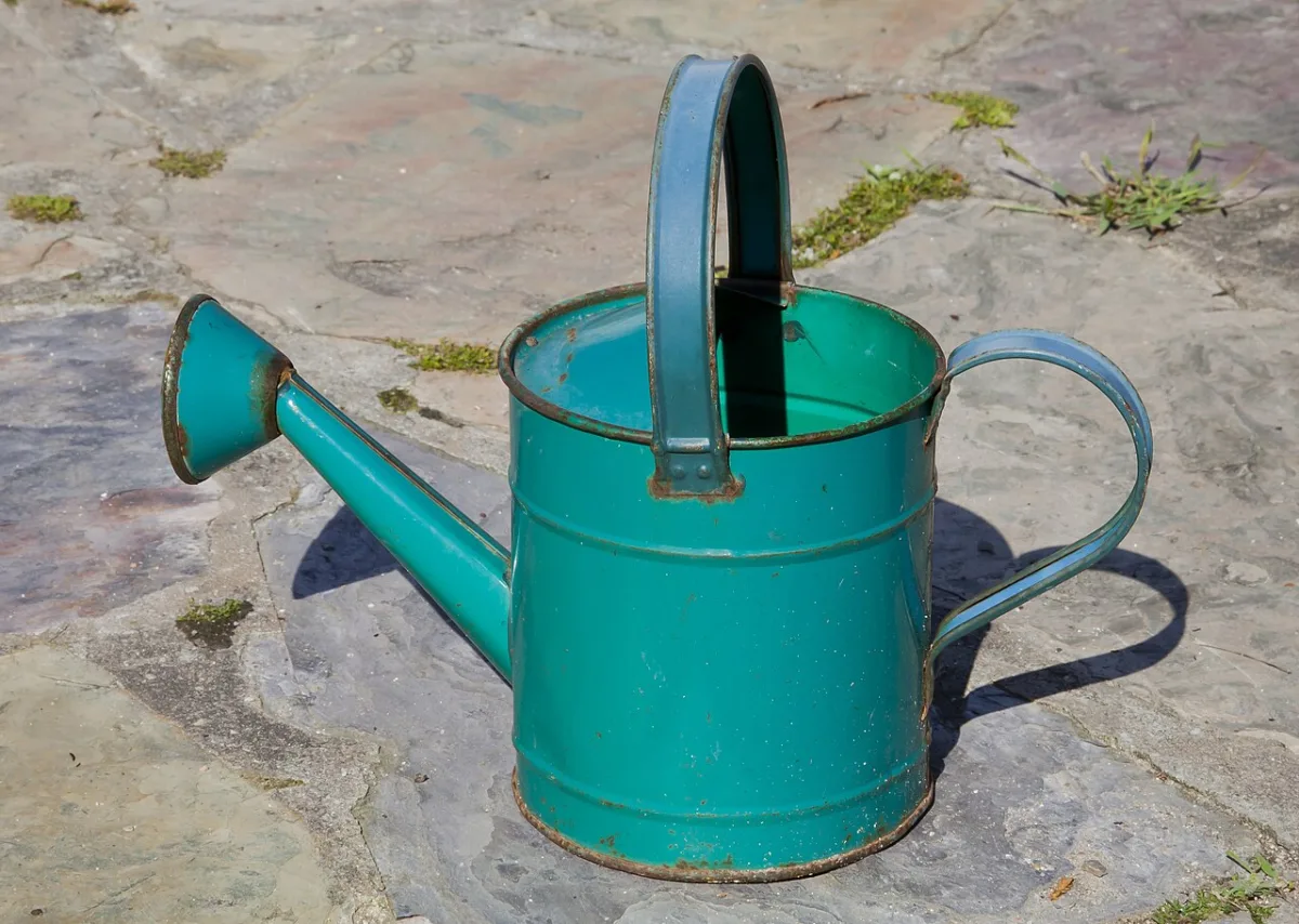 Groene metalen gieter op een stenen terras in de zon